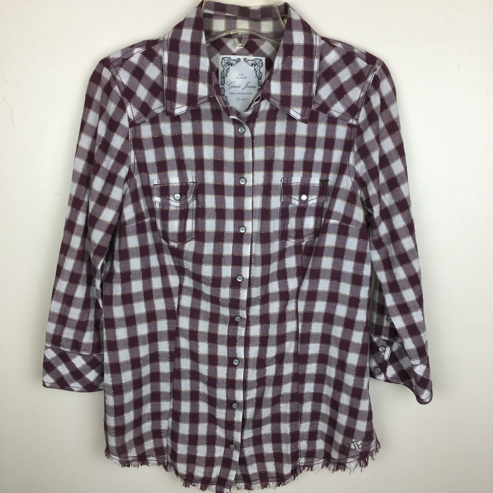 Guess Plaid Western 3/4 Sleeve Button Down Top